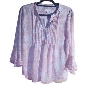 Charter Club Pale Pink Pin Tuck Peasant Blouse with Sheer Bell Sleeves Womens PL
